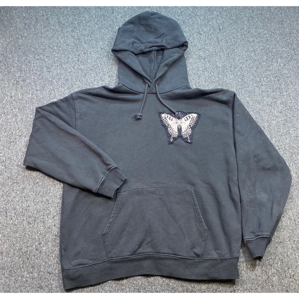 Levis Hoodie Sz L Mens Black Grunge Skater Butterfly Patch Relaxed Pullover